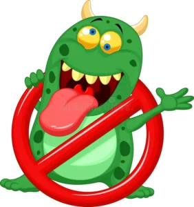 cartoon stop virus green virus red alert sign illustration 34607939
