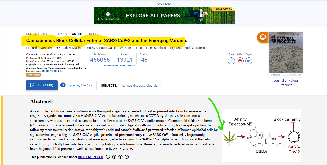 Cannabinoids Block Cellular Entry of SARS-CoV-2 and the Emerging Variants