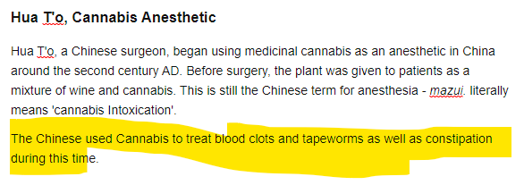 The CHINESE used cannabis to treat BLOOD CLOTS and TAPE WORMS